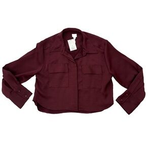 New A New Day Womens Tops Burgundy Satin Cropped Button Down Size Medium NWT